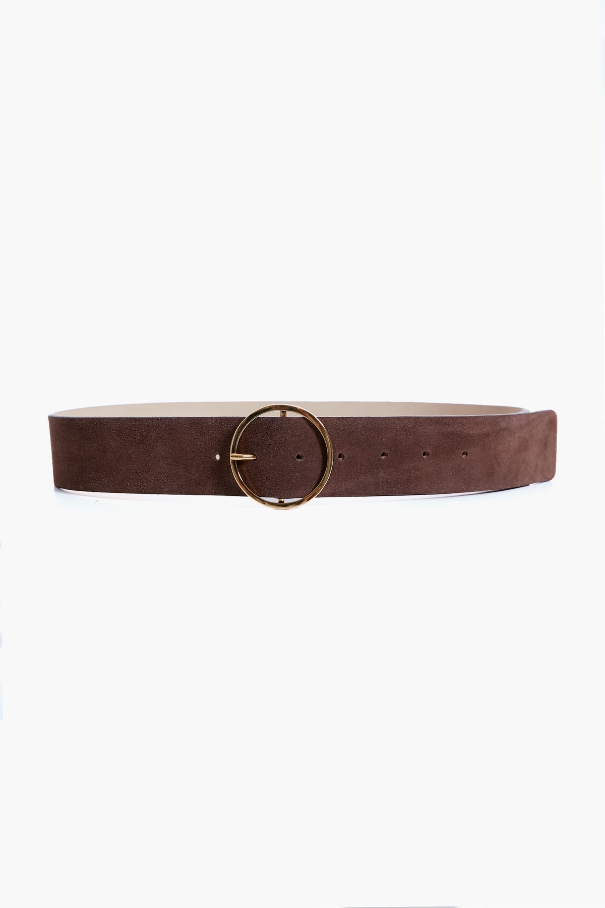 The B-Low the Belt brown chocolate Molly belt features suede, a wide strap, and a striking gold circle buckle—perfect as a leather hip belt to elevate your outfit.