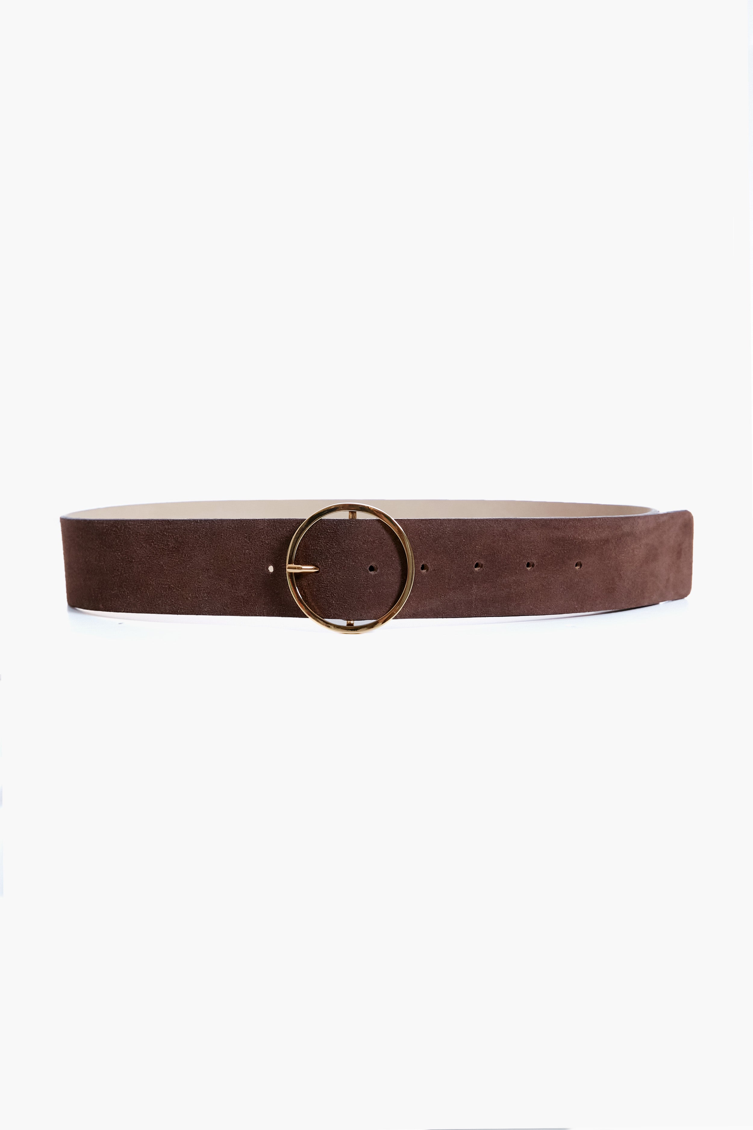 The B-Low the Belt brown chocolate Molly belt features suede, a wide strap, and a striking gold circle buckle—perfect as a leather hip belt to elevate your outfit.