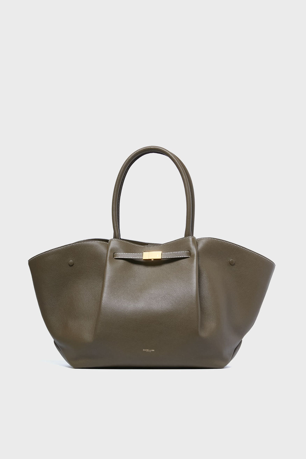 The Demellier olive green handcrafted leather tote features two rounded handles, winged sides, and a gold-tone clasp—a stylish, sustainable accessory for eco-conscious fashion lovers.