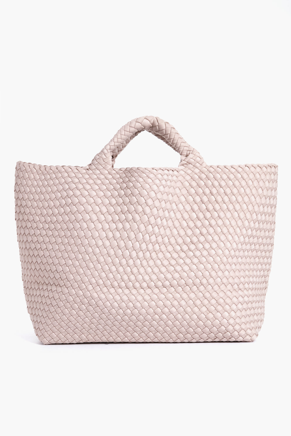 The Naghedi St Barths Large Tote is a spacious, light beige bag featuring two short handles and a woven design.