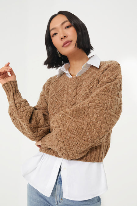 Biscuit Cable Knit Cropped Crew Neck Sweater