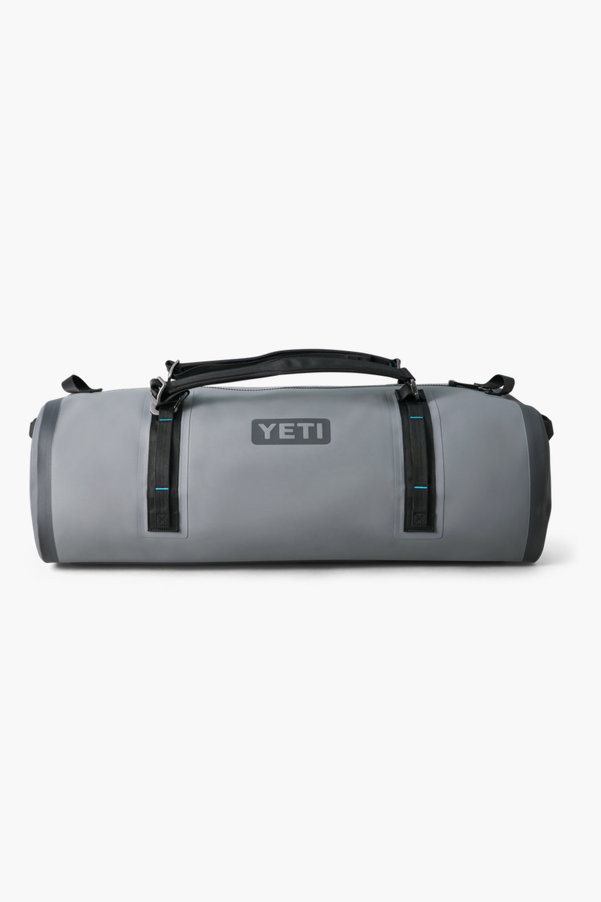 A gray YETI Panga waterproof duffel bag with black handles and zippers is shown from the front, ideal for carrying outdoor gear.