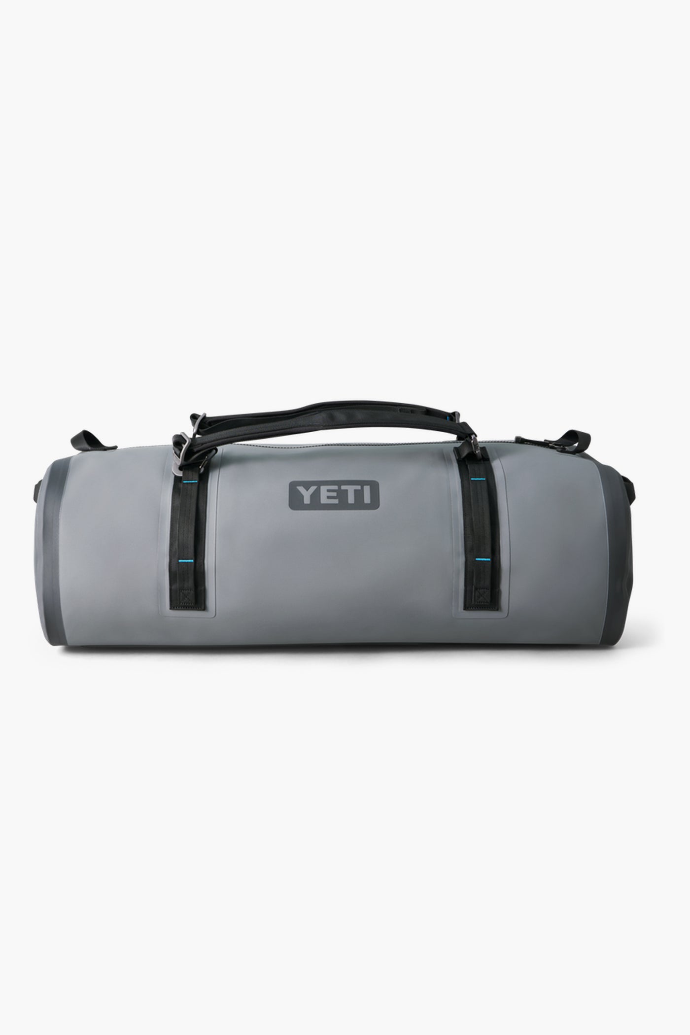 A gray YETI Panga waterproof duffel bag with black handles and zippers is shown from the front, ideal for carrying outdoor gear.