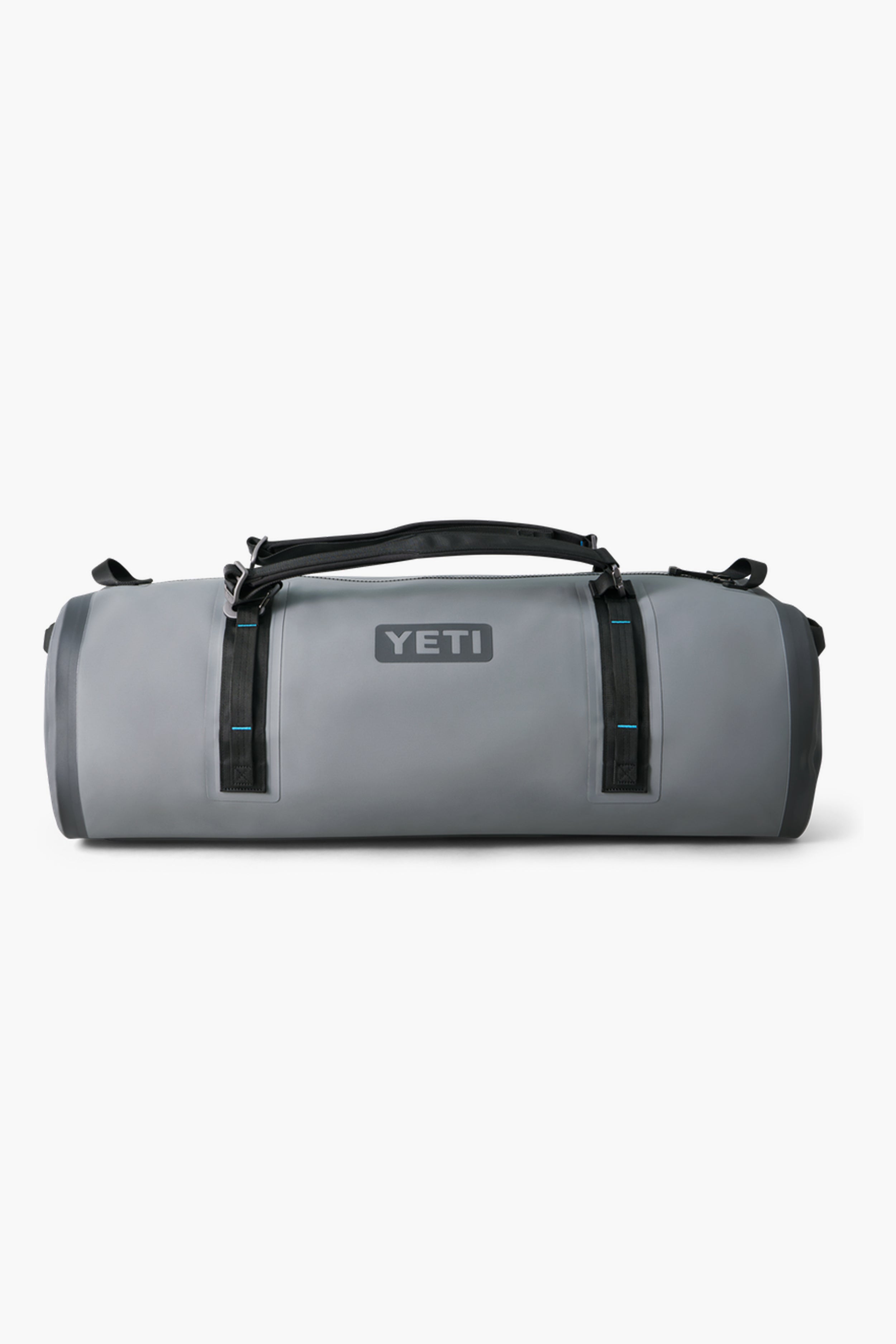 A gray YETI Panga waterproof duffel bag with black handles and zippers is shown from the front, ideal for carrying outdoor gear.