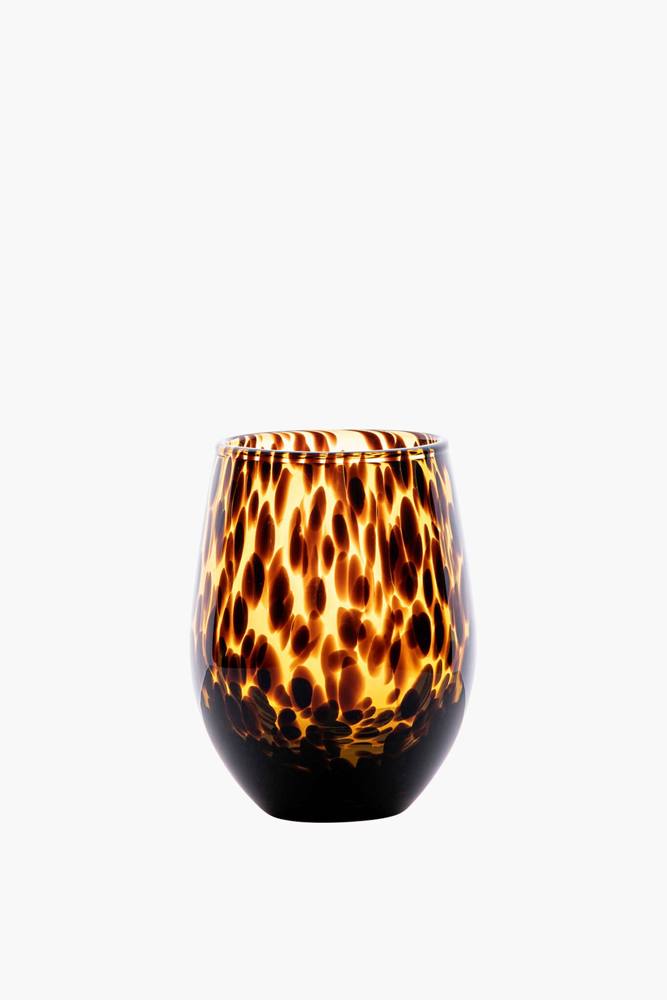 The Juliska stemless wine glass features a rounded tortoiseshell design in brown and amber tones. Perfect for any occasion, this stylish tumbler is also dishwasher safe for easy cleaning.