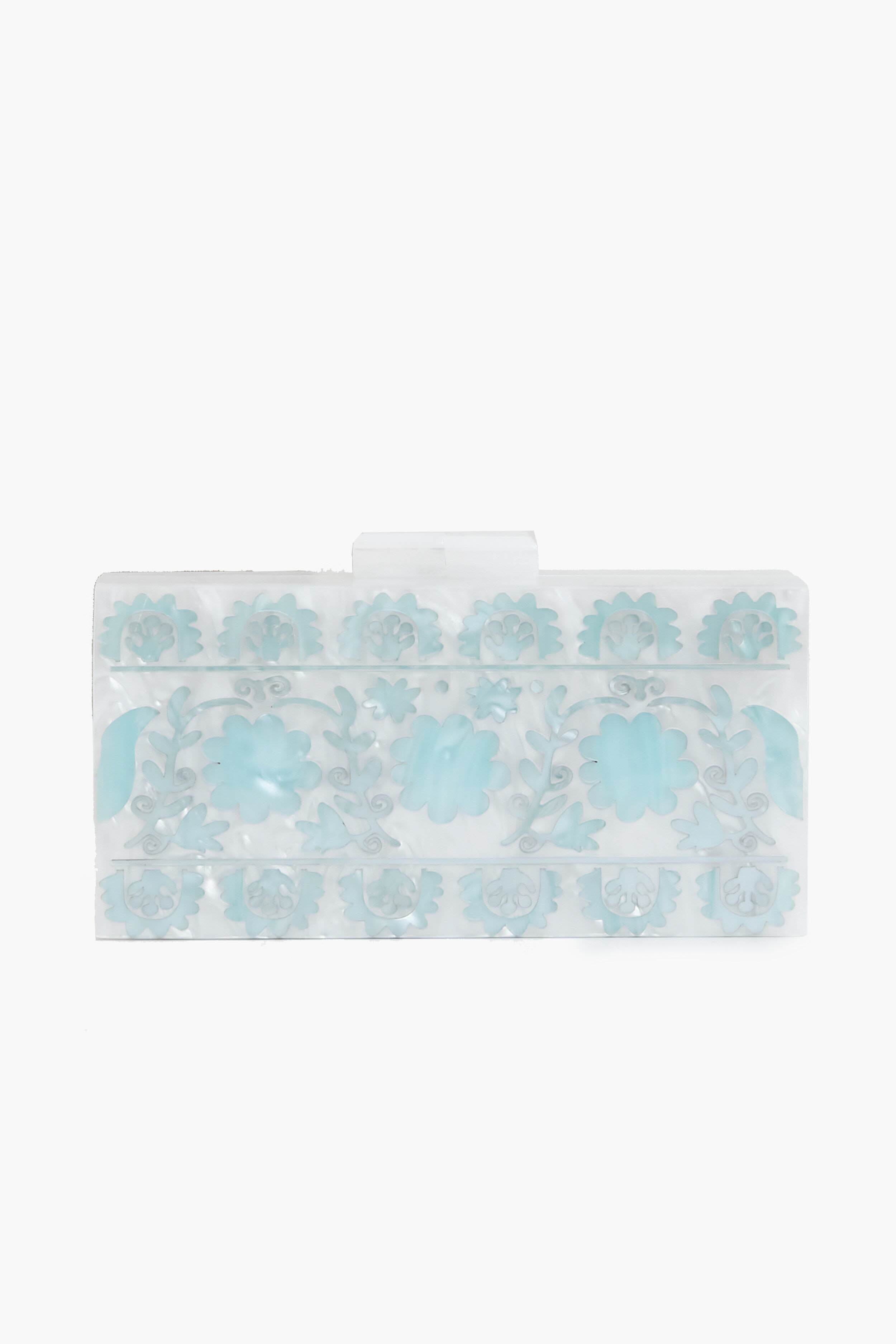 ASHA Rectangular Mallorca Clutch with a semi-transparent light blue stenciled motif and an elegant top clasp closure.