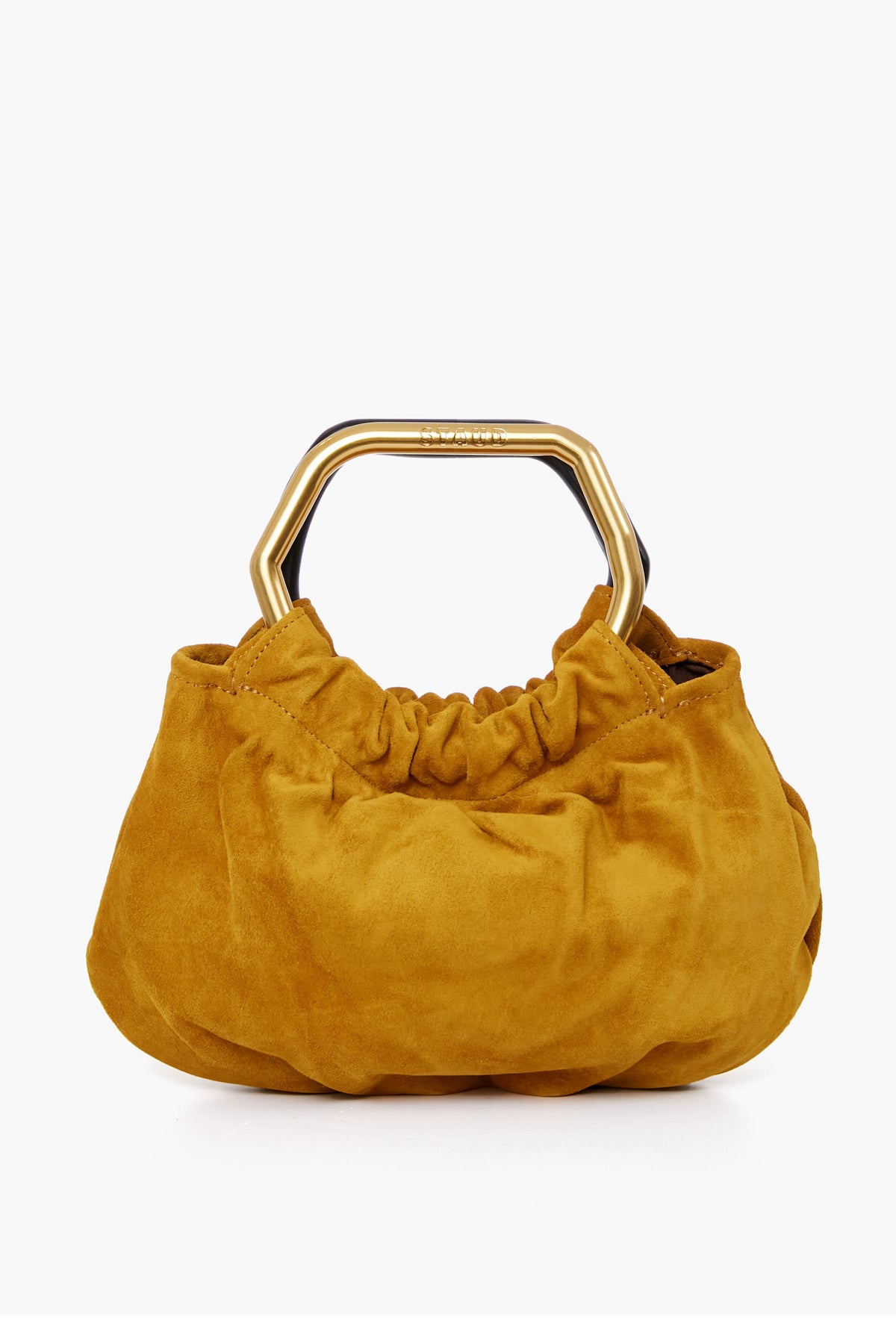 A mustard yellow suede handbag by STAUD with a ruched design, geometric gold handle, and removable crossbody strap—an elegant Camille Bag.