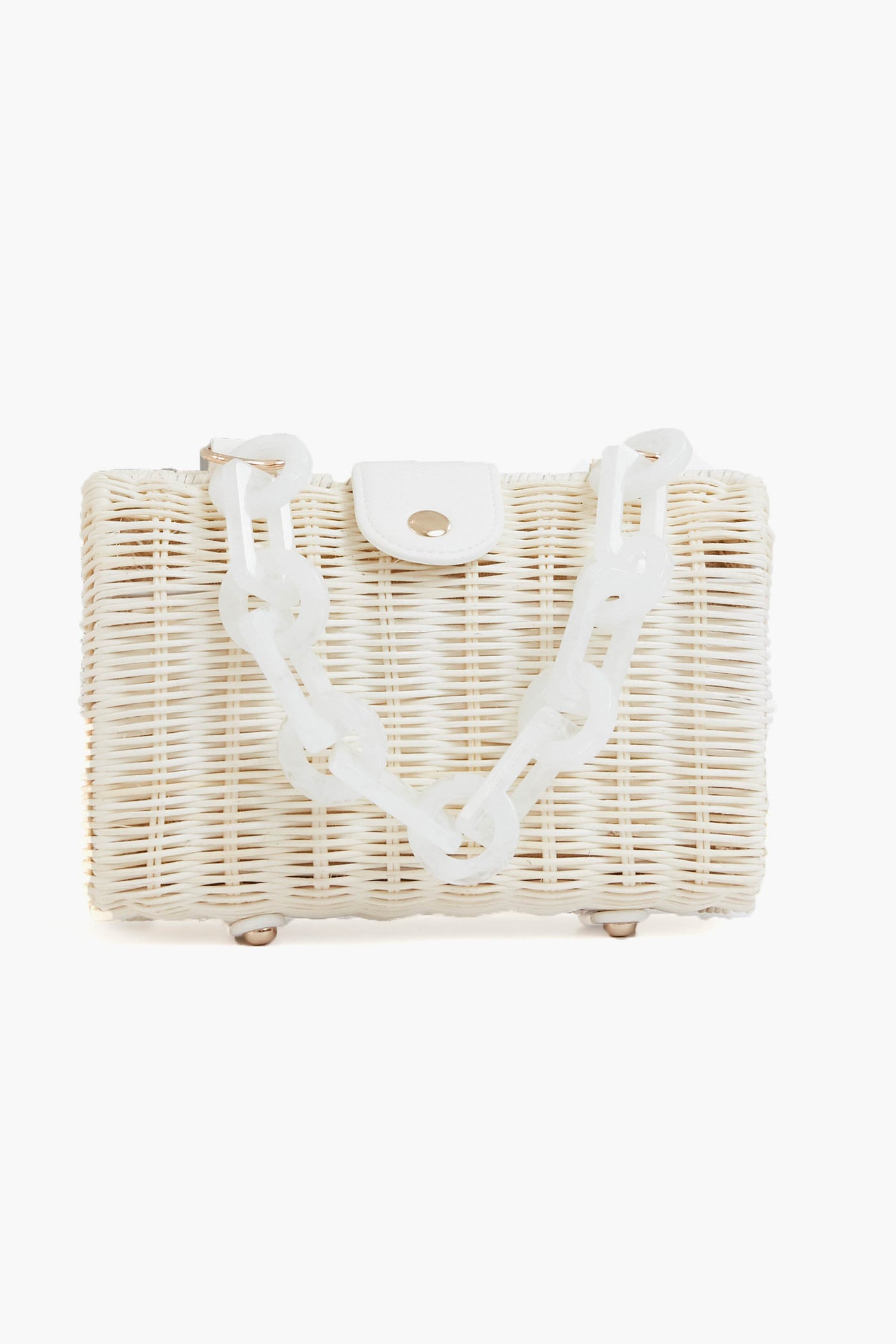 BTB rectangular white wicker bag with boho-chic style, flap closure, and a chunky white chain strap.