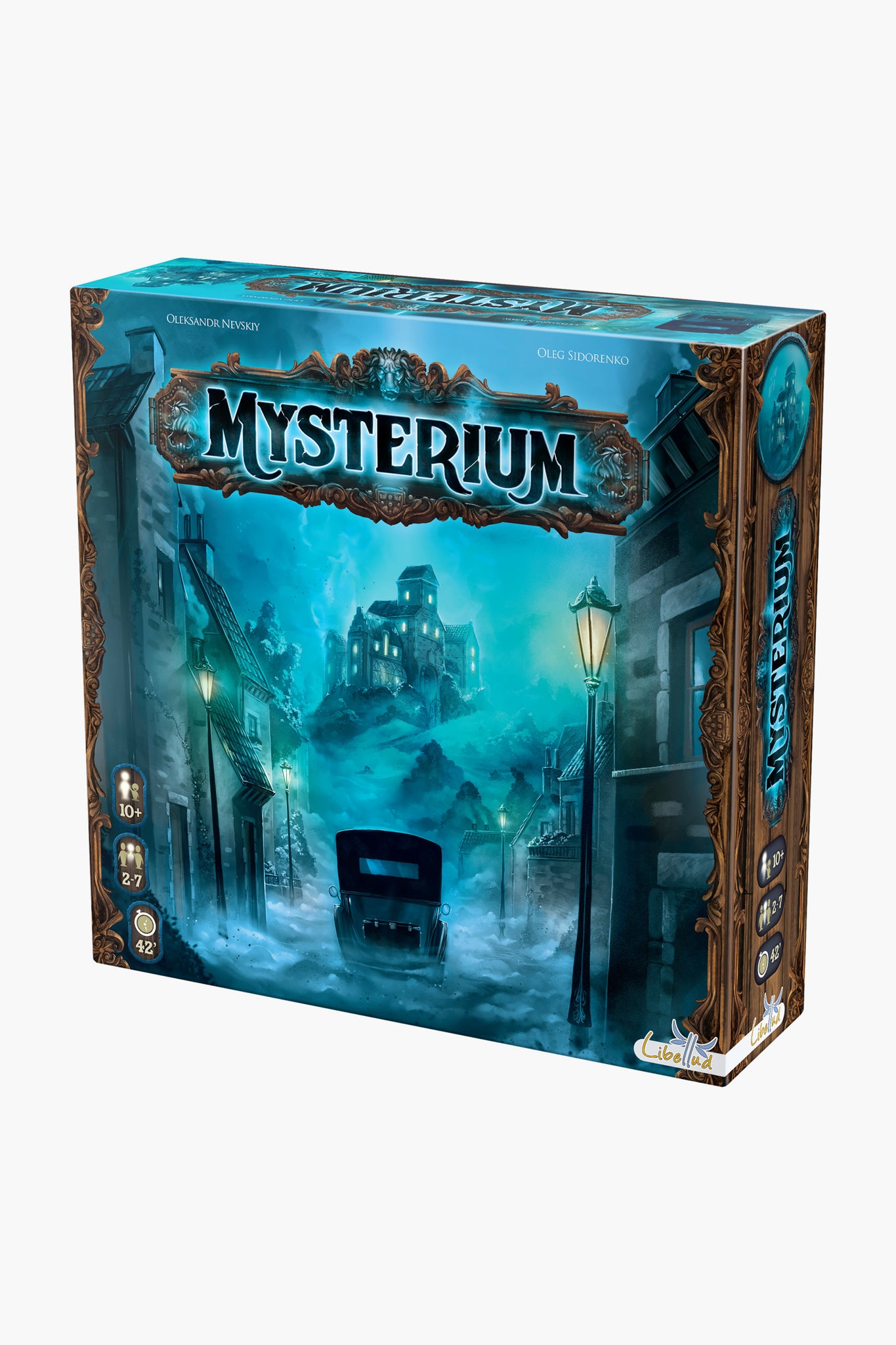 The box for Libellud's Mysterium cooperative board game displays blue-toned artwork of a vintage car on a foggy street, set before a mysterious mansion.