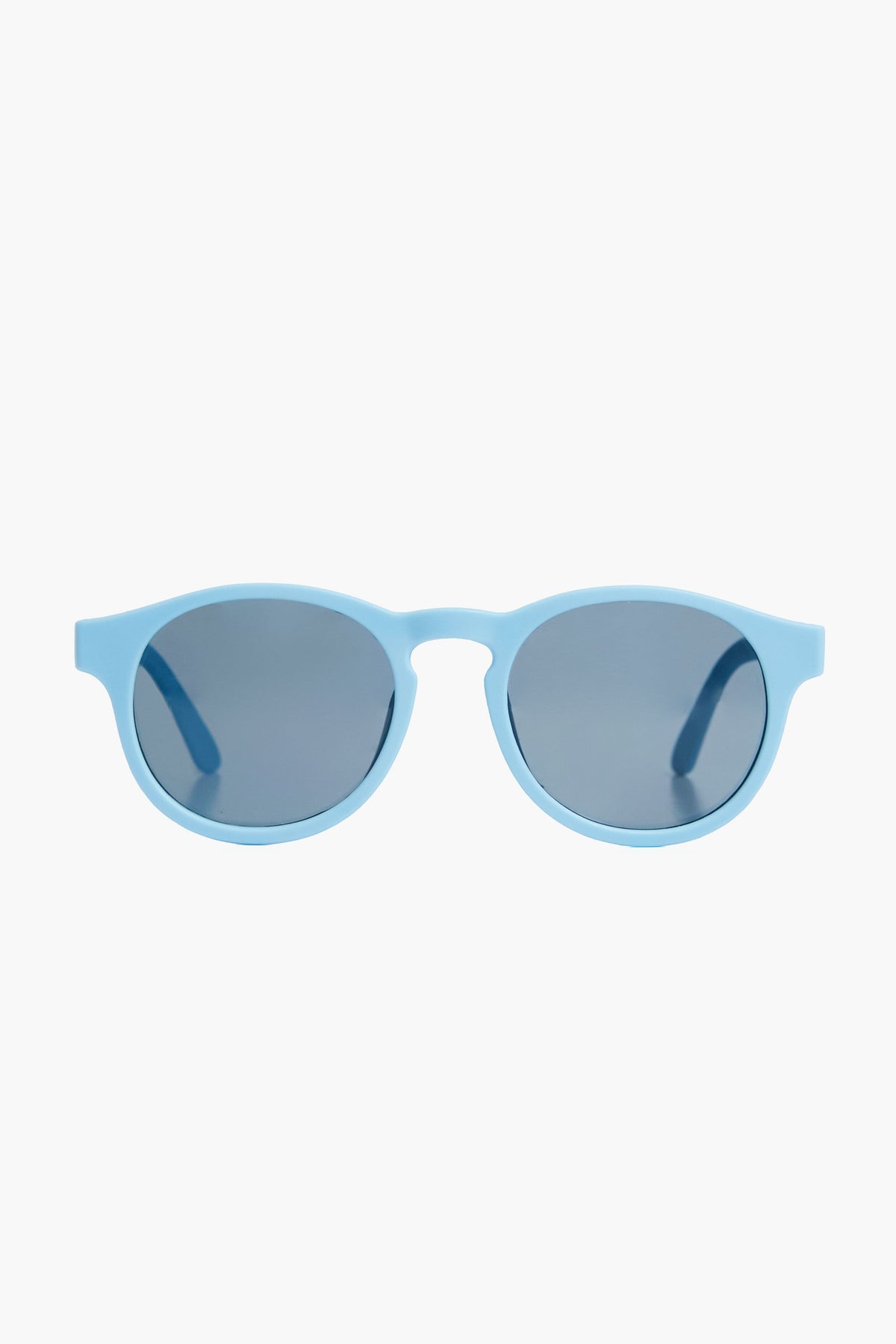 Babiators light blue round kids sunglasses feature dark tinted lenses, offering UV protection and durability.