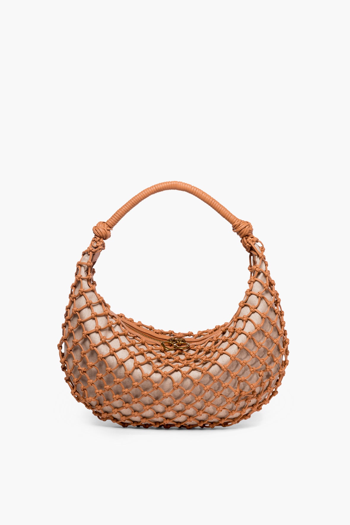 A small STAUD shoulder bag in beige, featuring a rounded shape with a brown woven net overlay and a matching brown handle.