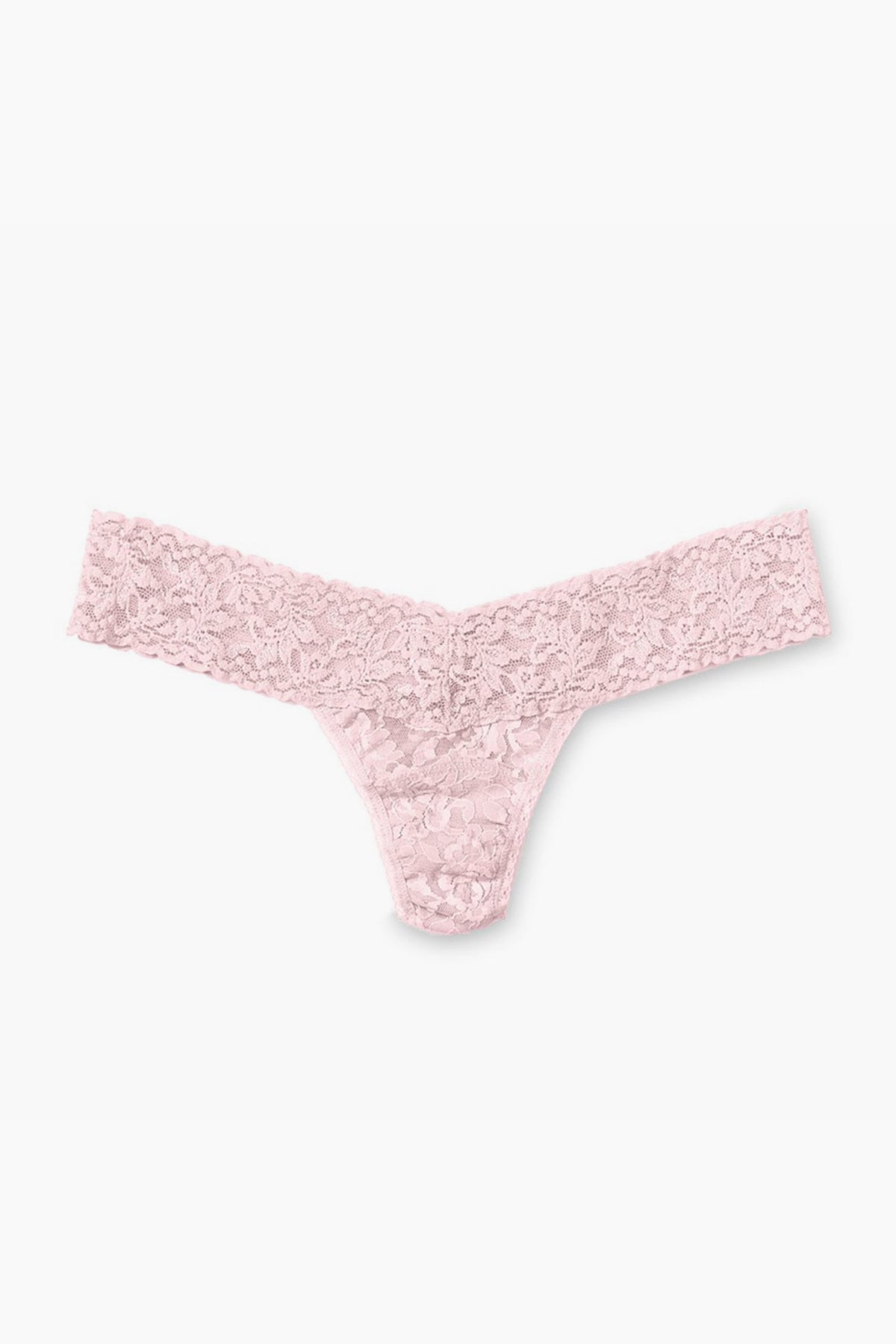 Hanky Panky offers a pair of women's lingerie: light pink low-rise thong underwear made from their signature stretch lace.