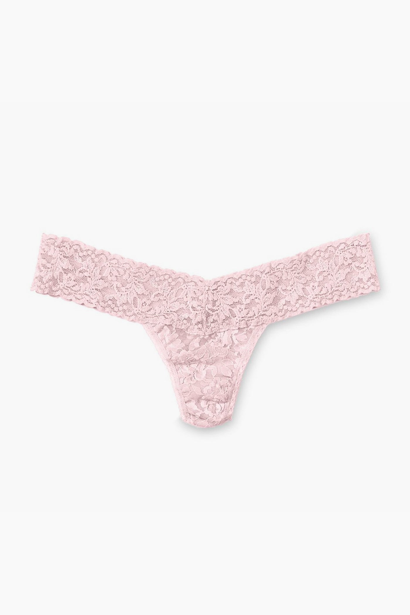 Hanky Panky offers a pair of women's lingerie: light pink low-rise thong underwear made from their signature stretch lace.