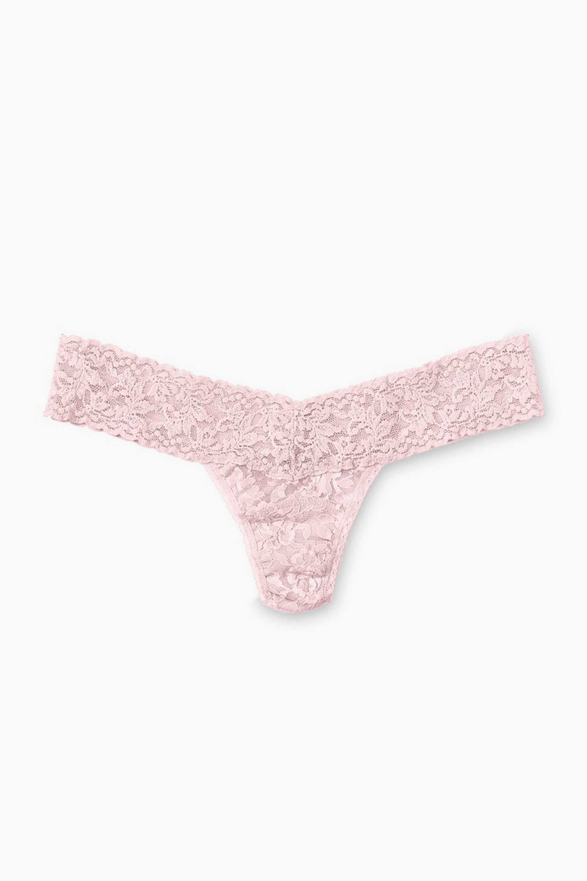 Hanky Panky offers a pair of women's lingerie: light pink low-rise thong underwear made from their signature stretch lace.