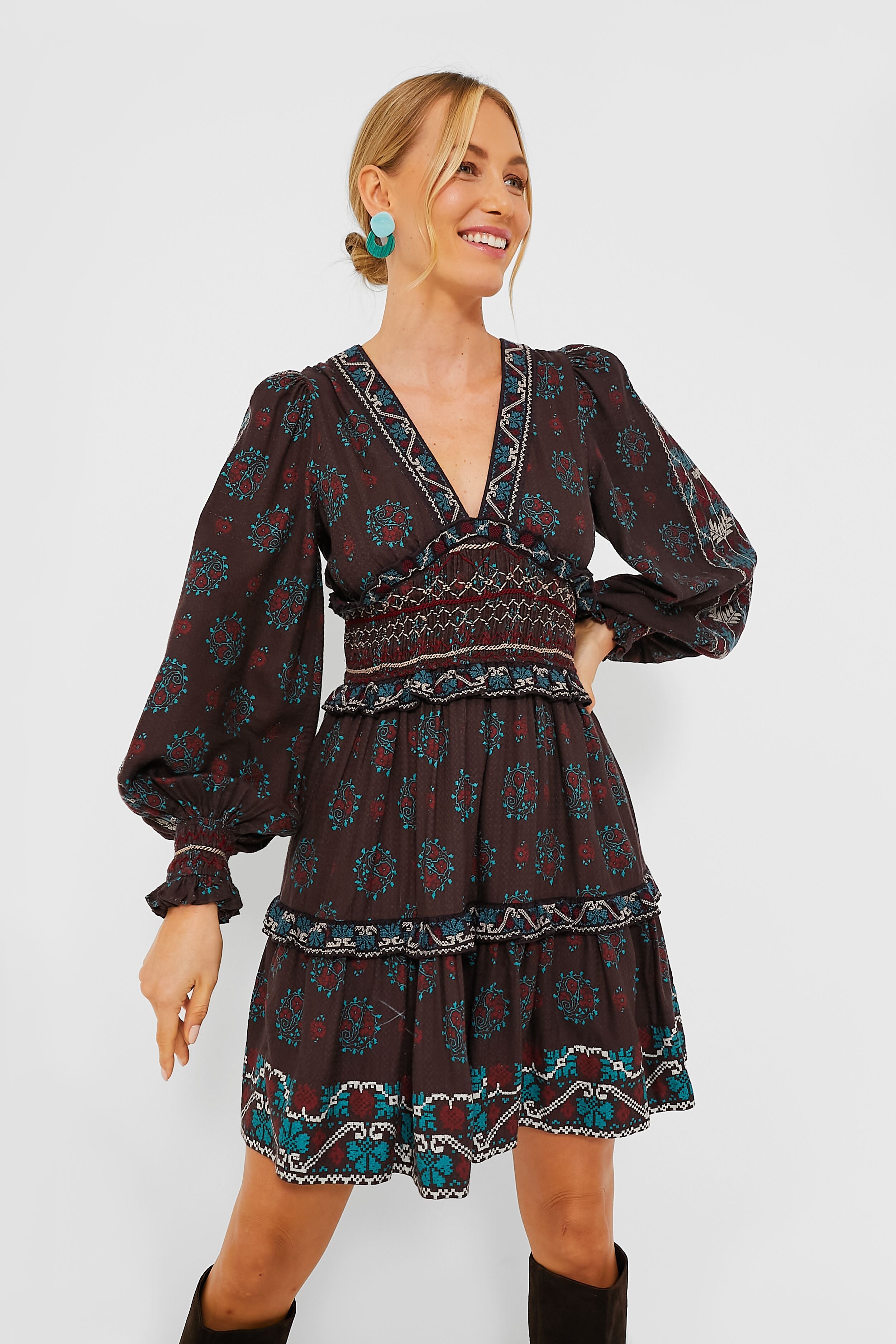 Brown Ellabeth Embroidered Long Sleeve Dress | Sea New York | Tuckernuck