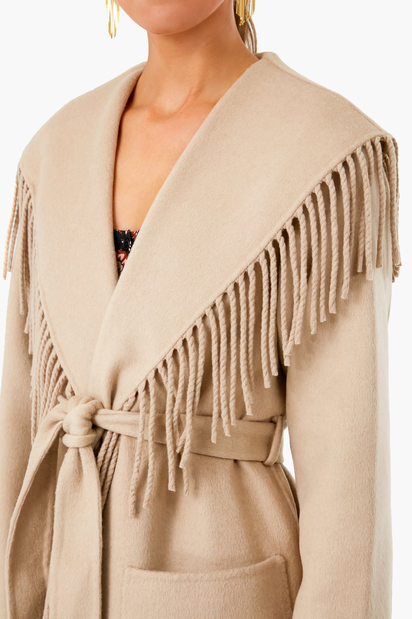 Sand Carrie Double Faced Wool Lapel Fringe Long Coat