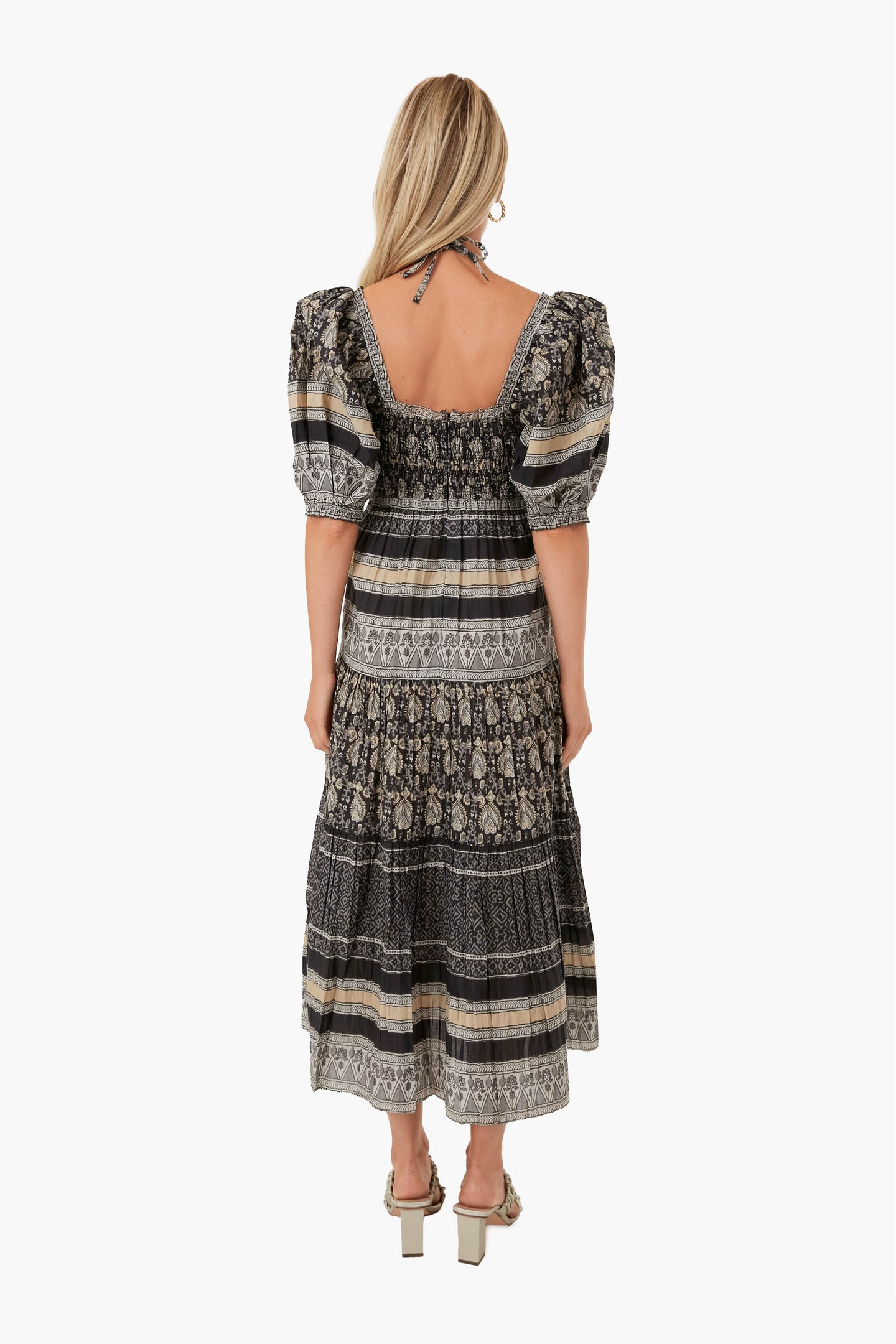 Black Tasha Print Short Sleeve Tiered Dress