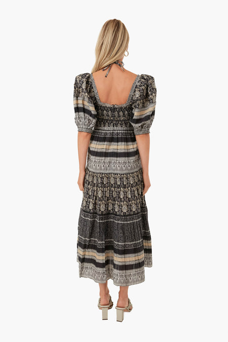 Black Tasha Print Short Sleeve Tiered Dress