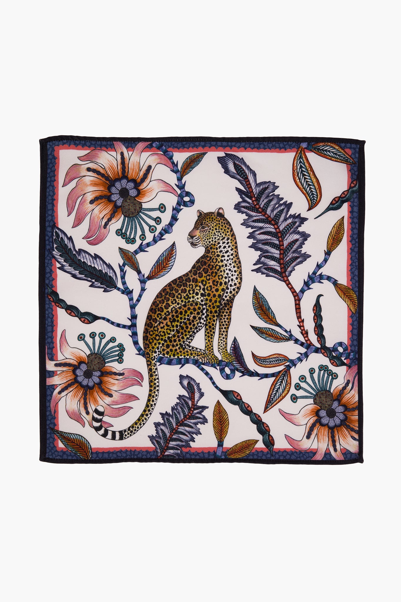 Ardmore Design square scarf featuring an illustrated leopard among stylized pink, blue, and yellow flowers with a dark border. Inspired by South African artisans, it also makes unique Frost Leopard Napkins or eye-catching home decor.