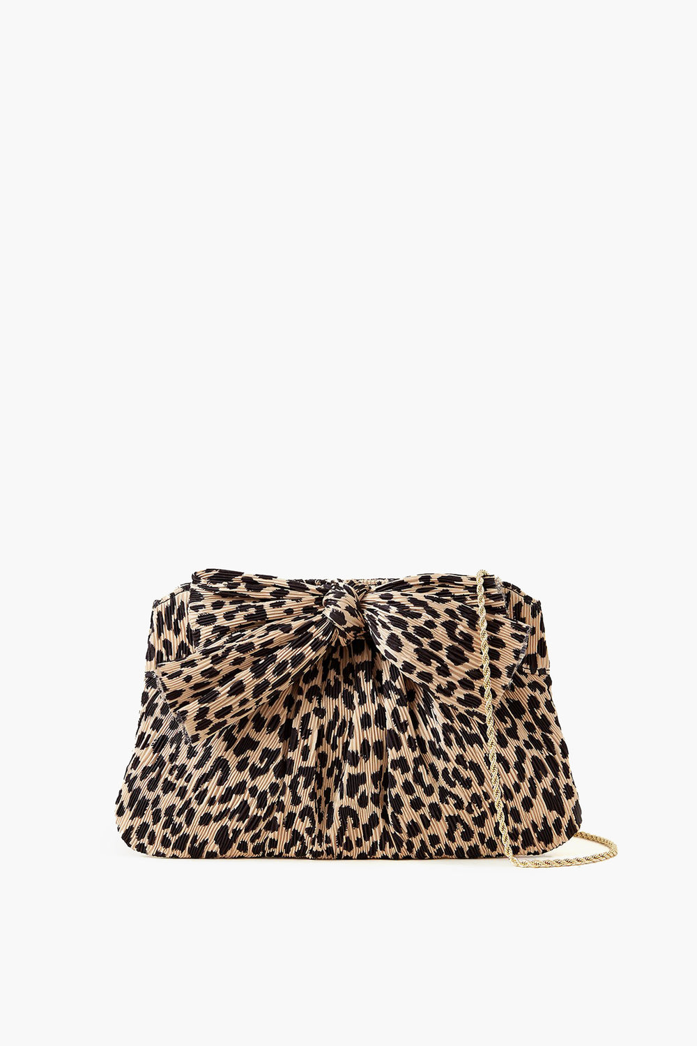 A Loeffler Randall leopard pleated lamé clutch featuring a large front bow and a gold metal chain strap.