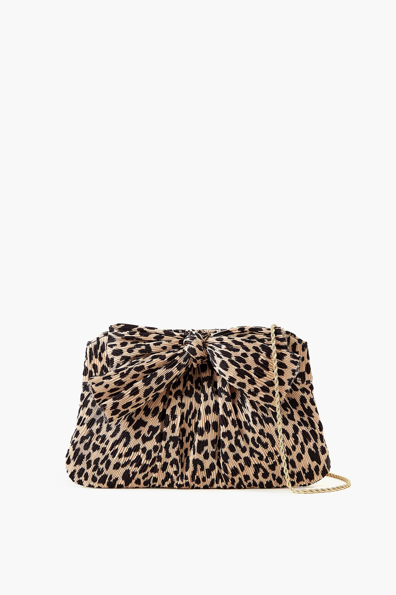 A Loeffler Randall leopard pleated lamé clutch featuring a large front bow and a gold metal chain strap.