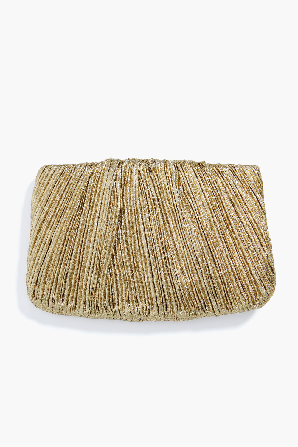 A Loeffler Randall Oro Brit Pleated Clutch is showcased, featuring a shimmering gold Italian lamé finish.