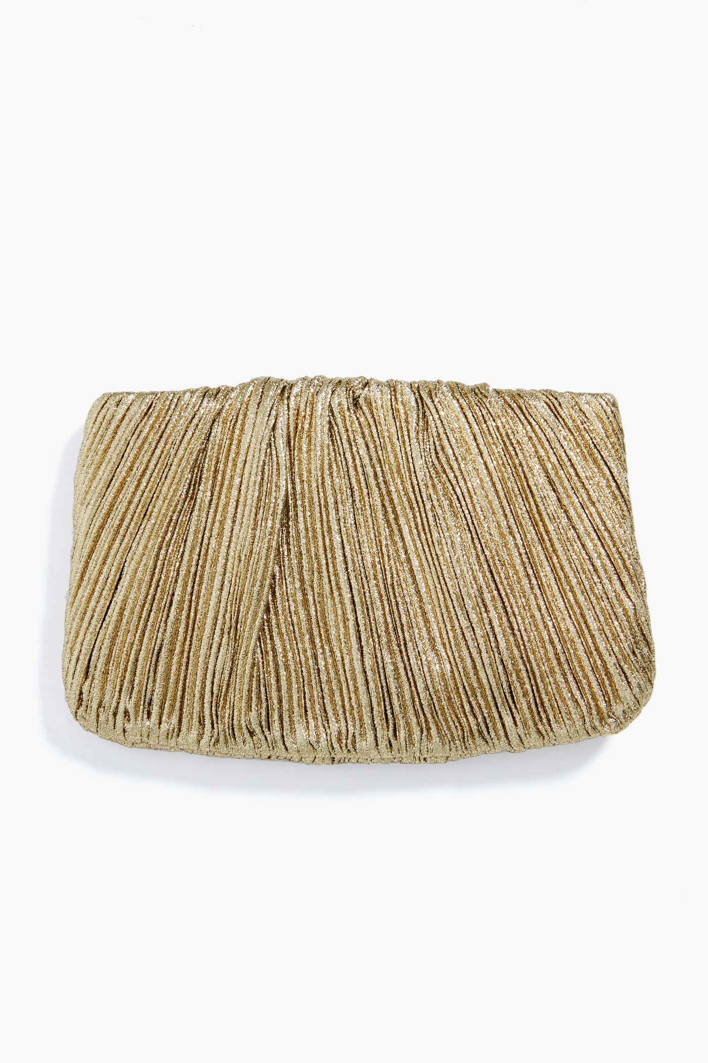 A Loeffler Randall Oro Brit Pleated Clutch is showcased, featuring a shimmering gold Italian lamé finish.