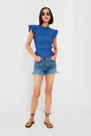 Blue Greir Pleating Flutter Sleeve Top
