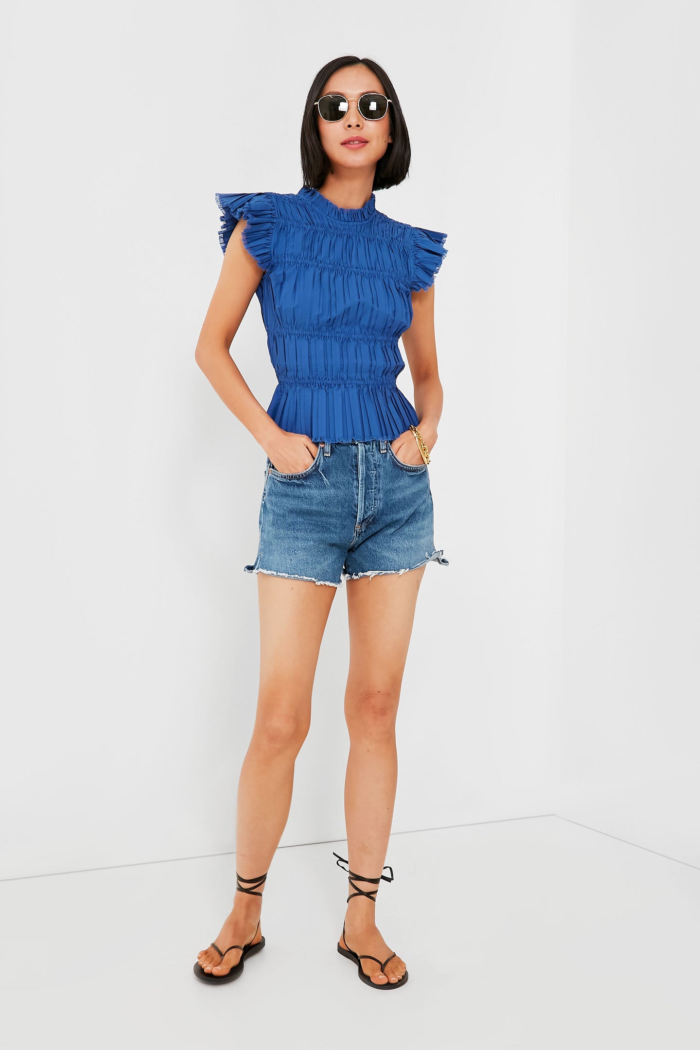 Blue Greir Pleating Flutter Sleeve Top
