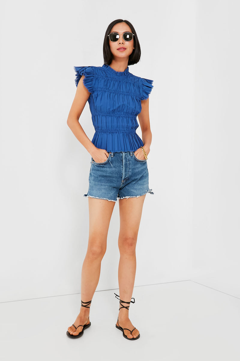 Blue Greir Pleating Flutter Sleeve Top