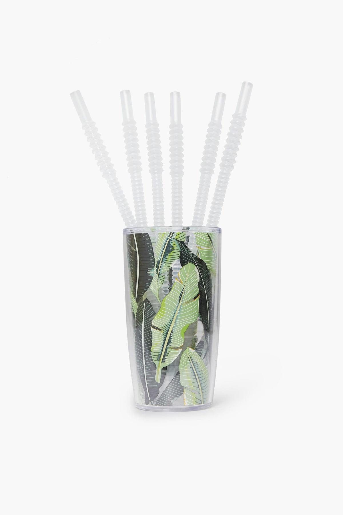 A Tervis Tumbler clear cup with a green leaf design holds five upright, white ribbed BPA-free reusable plastic straws, adding a stylish and eco-friendly touch.