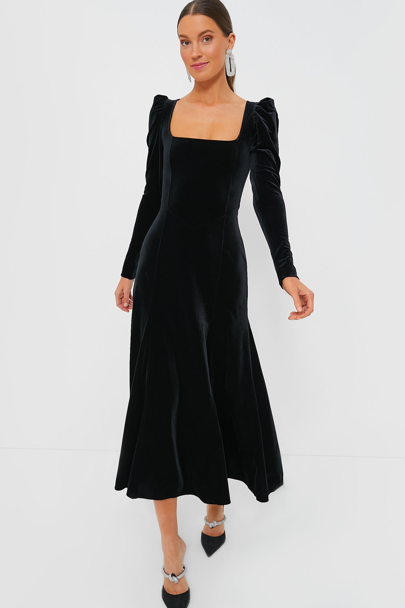 Black Velvet Jersey Puff Sleeve Maxi Dress | GANNI