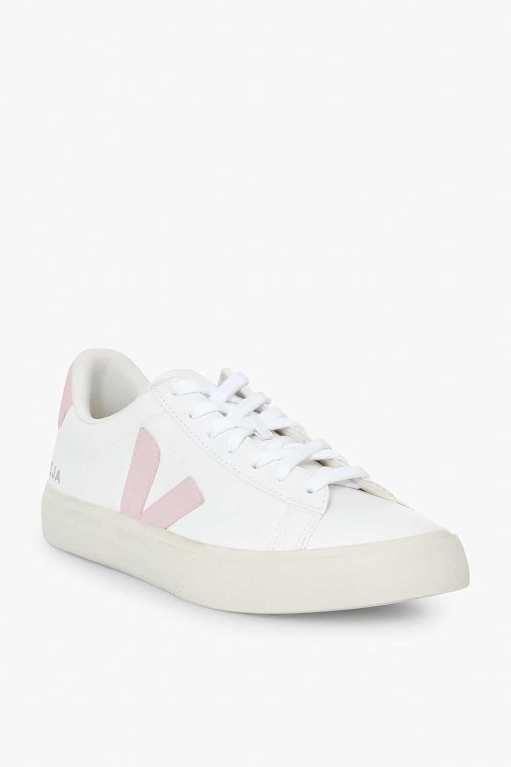 The VEJA low-top sneaker features a white upper, light pink detailing, white laces, and a beige rubber sole, showcasing the brand's stylish and sustainable design.