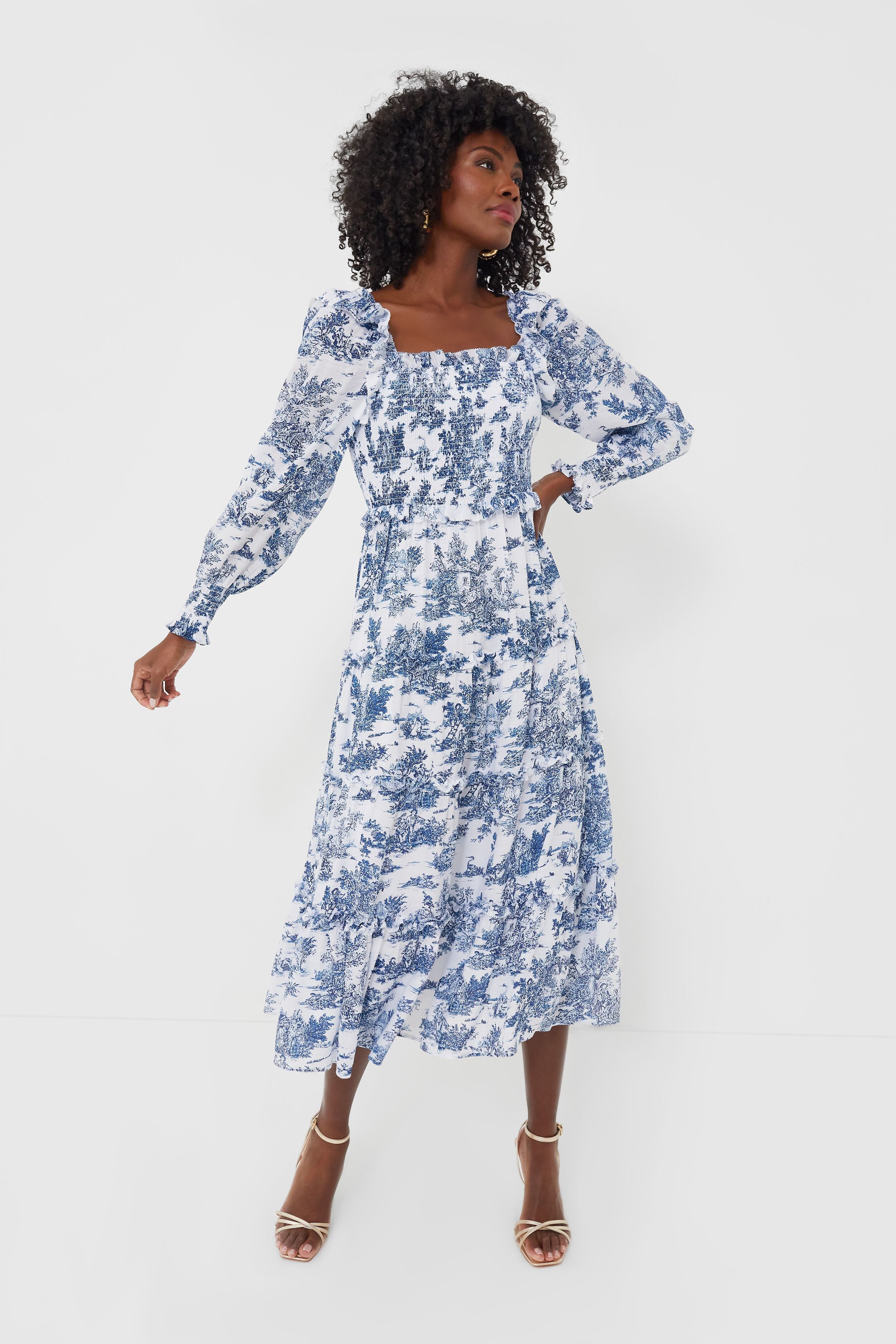 Blue Toile Long Sleeve Georgina Midi Dress | Hyacinth House