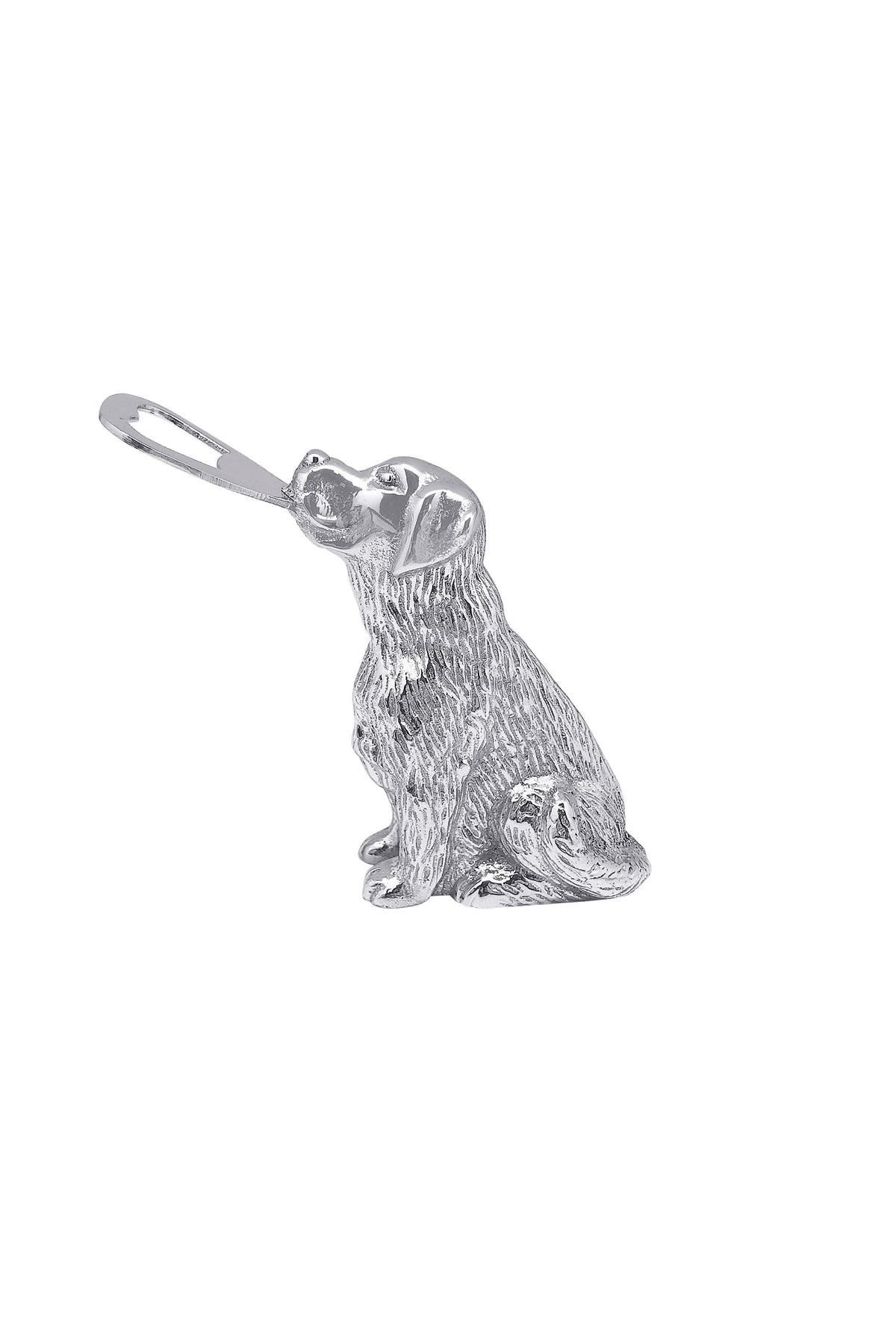 The Mariposa silver dog-shaped pendant, crafted from recycled aluminum, features a sitting dog and a loop for easy attachment—a perfect gift for any dog lover.