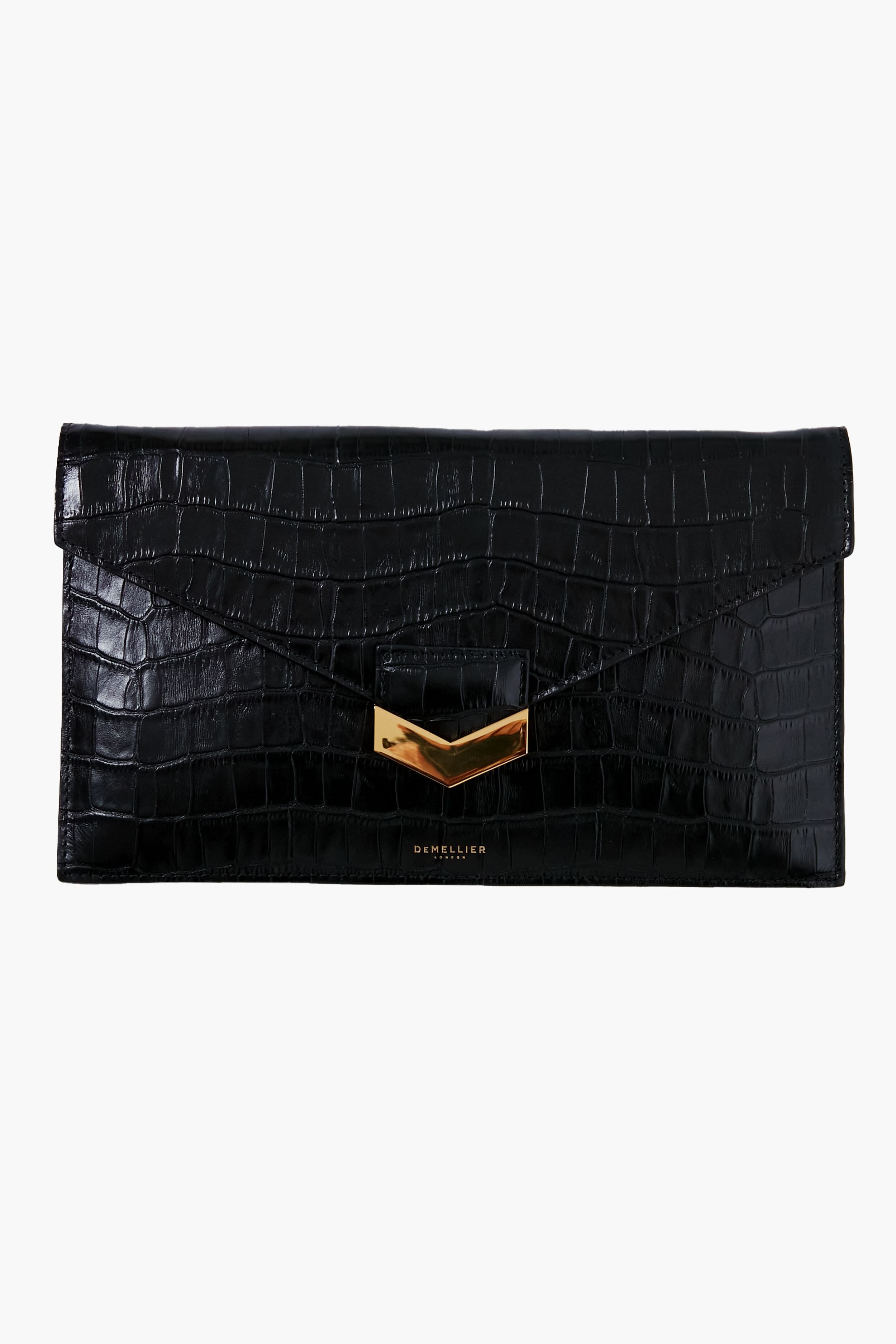 The Demellier Black Croc London Clutch is a rectangular croc-embossed leather purse with a gold V-shaped clasp on the front.