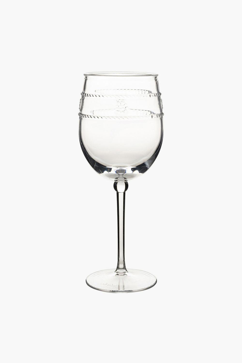 Juliska wine glass with a round bowl featuring two decorative horizontal bands in the Isabella motif, set on a slender stem and circular base.
