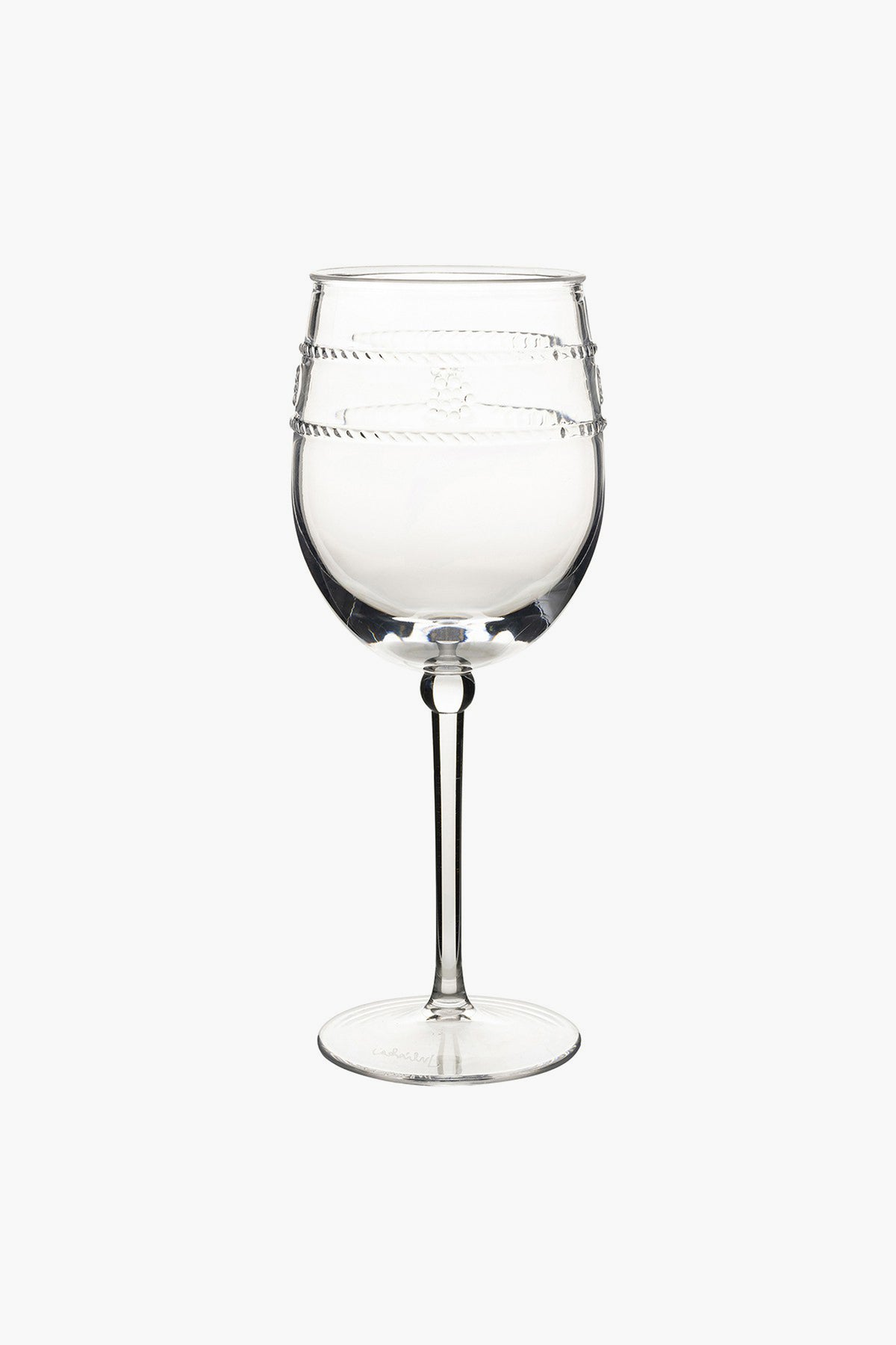 Juliska wine glass with a round bowl featuring two decorative horizontal bands in the Isabella motif, set on a slender stem and circular base.
