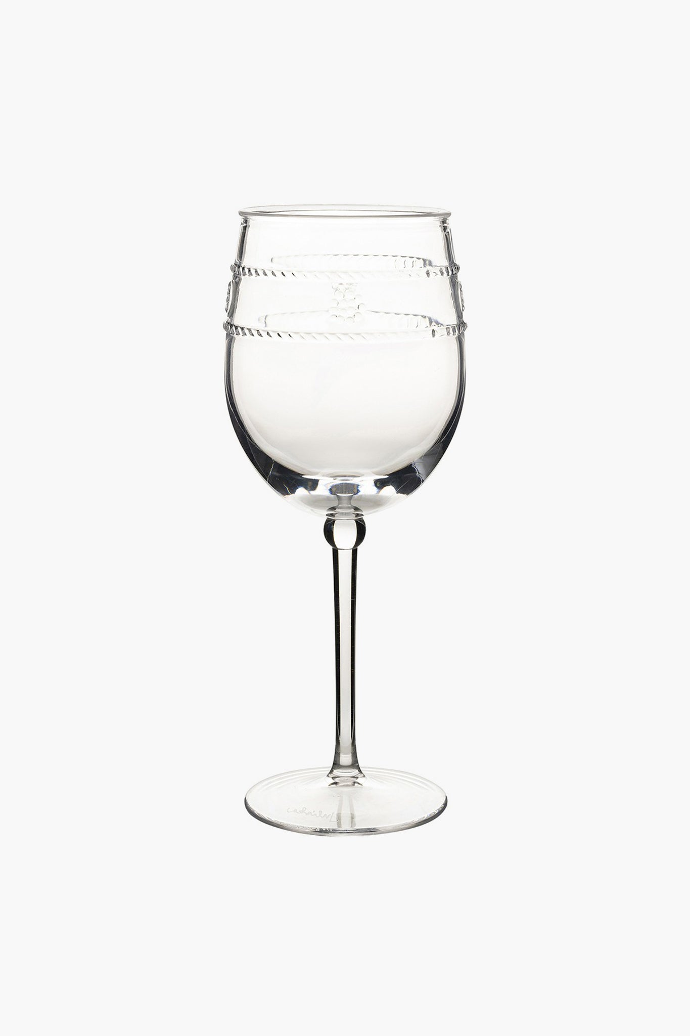 Juliska wine glass with a round bowl featuring two decorative horizontal bands in the Isabella motif, set on a slender stem and circular base.
