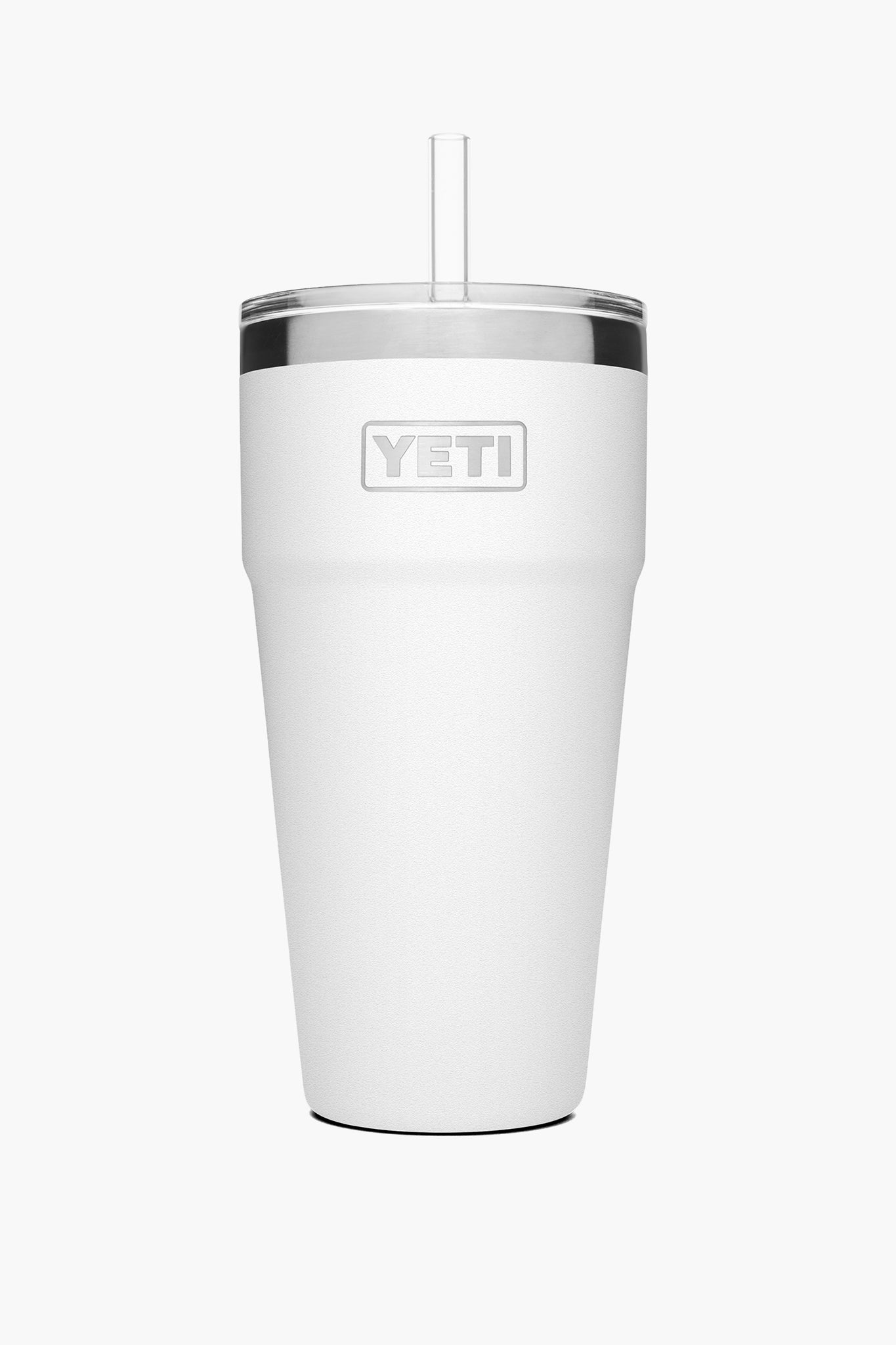 A white YETI Rambler vacuum insulated cup is shown, featuring a clear lid and straw.