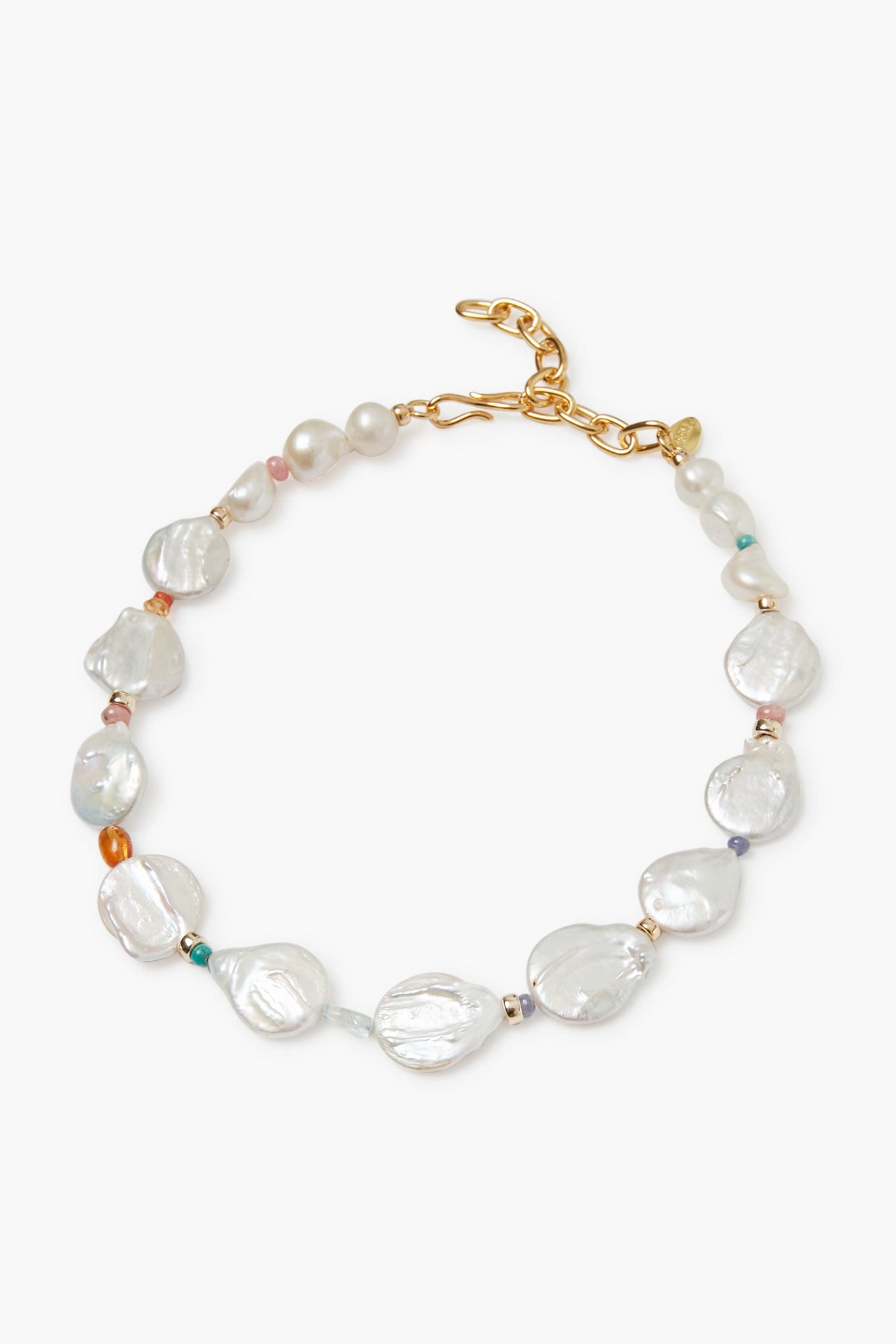 A delicate Lizzie Fortunato bracelet featuring irregularly shaped white pearls, small colored beads, and a gold chain with a lobster clasp.