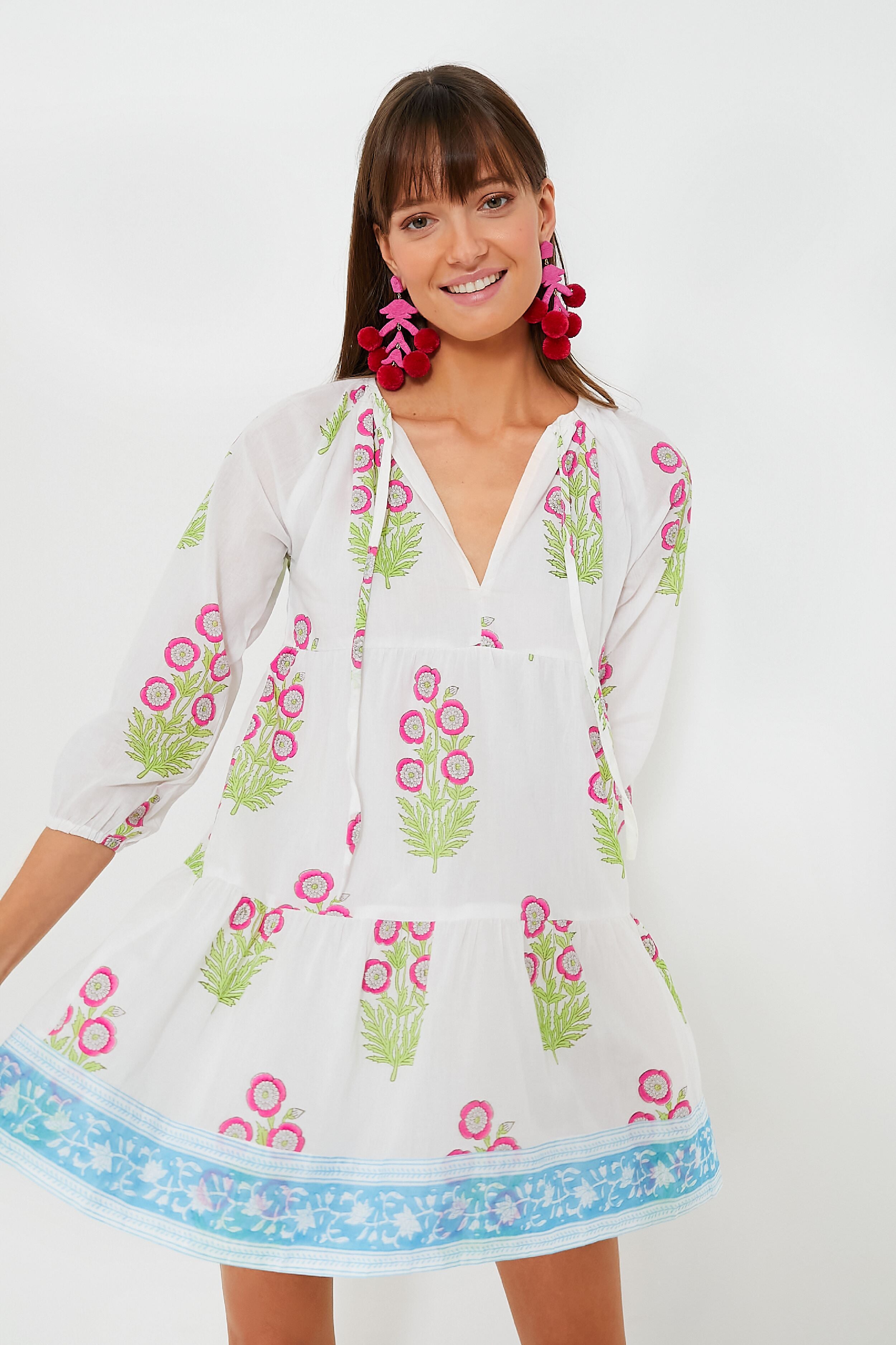 Exclusive Hot Pink Floral with Blue Edge Dali Dress | SZ Blockprints