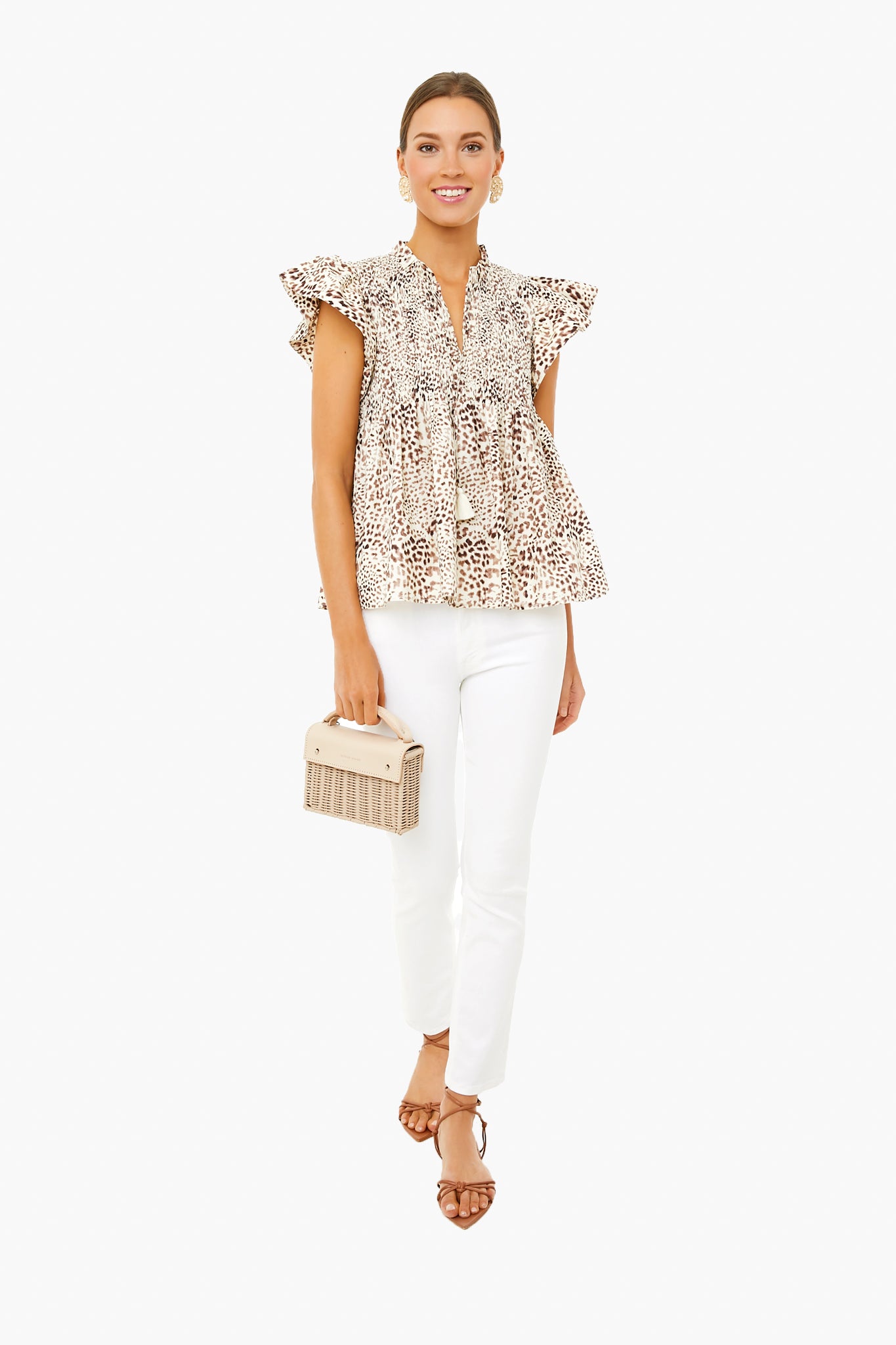 Day Calla Cheetah Flutter Sleeve Smocked Top