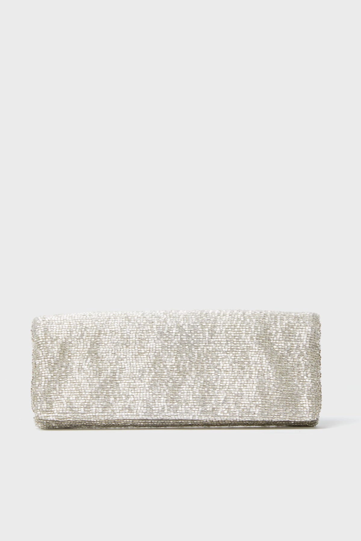 The Tiana Designs rectangular silver beaded clutch purse is an elegant evening bag.