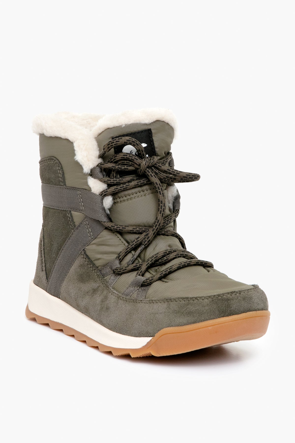 A single Sorel green winter boot featuring faux fur lining, dark laces, grey accents, suede details, and a brown rubber sole—ideal as insulated winter footwear.