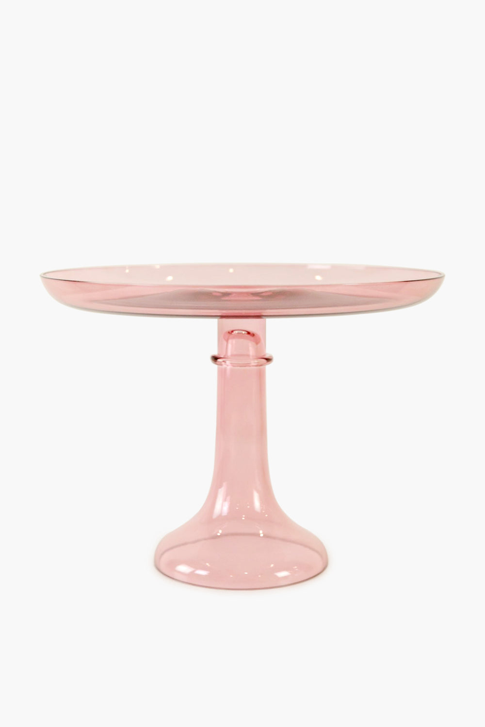 The Estelle Colored Glass pink cake stand features a wide, flat top and sturdy flared base, highlighting the elegance of luxury hand-blown colored glassware.