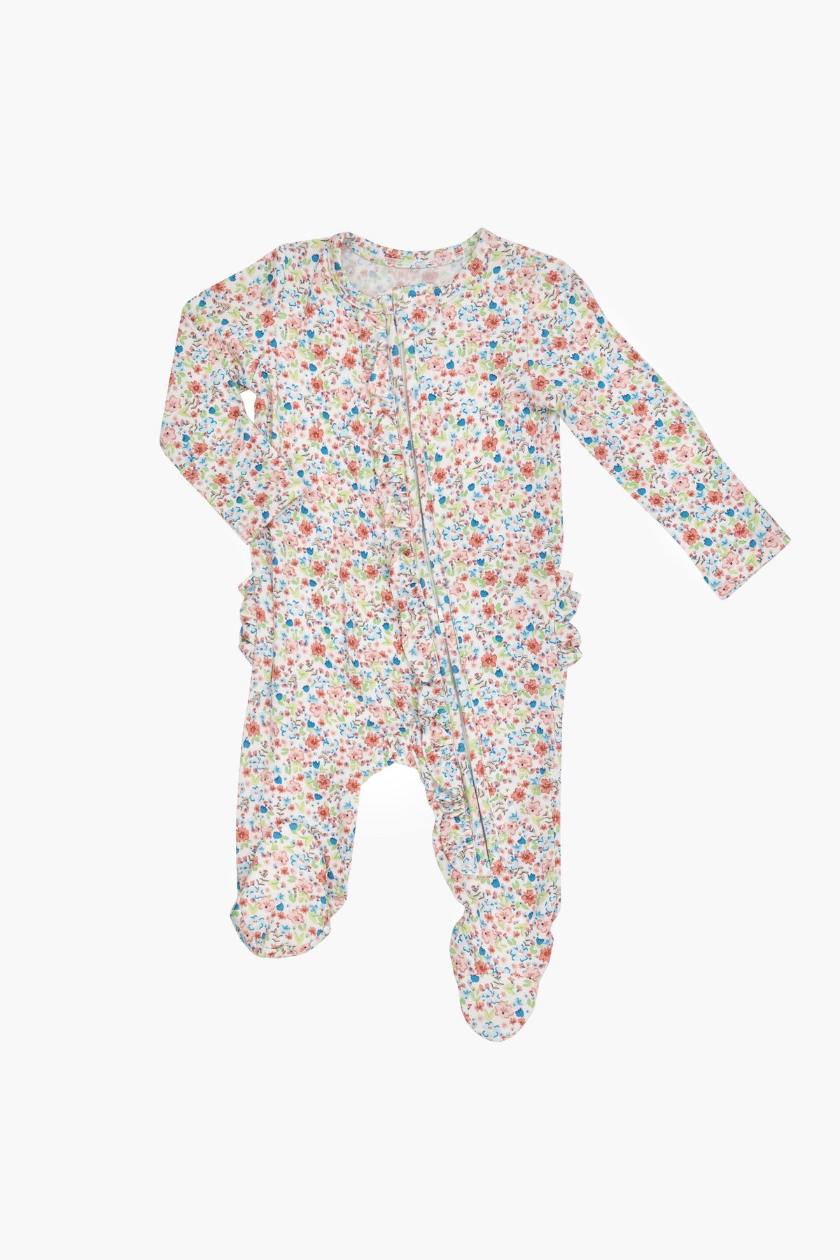 Angel Dear long-sleeve bamboo footie with multicolored floral print, front zipper, and side ruffle details. Soft and comfy for your baby.