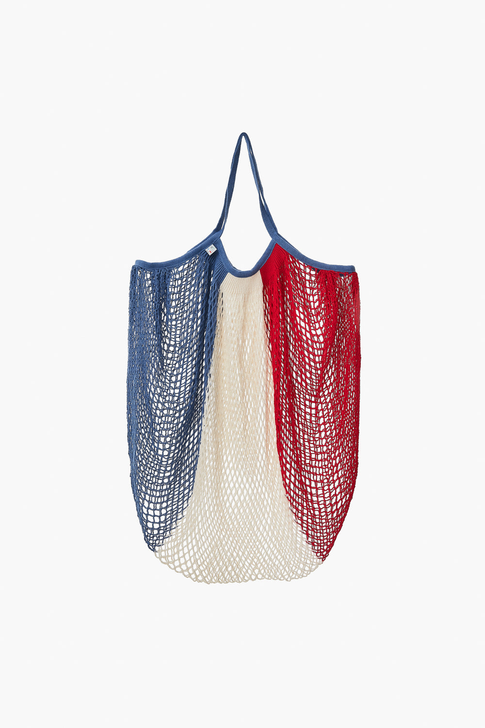 The Filt reusable woven market bag features blue, white, and red vertical stripes, making it a stylish choice for shopping.