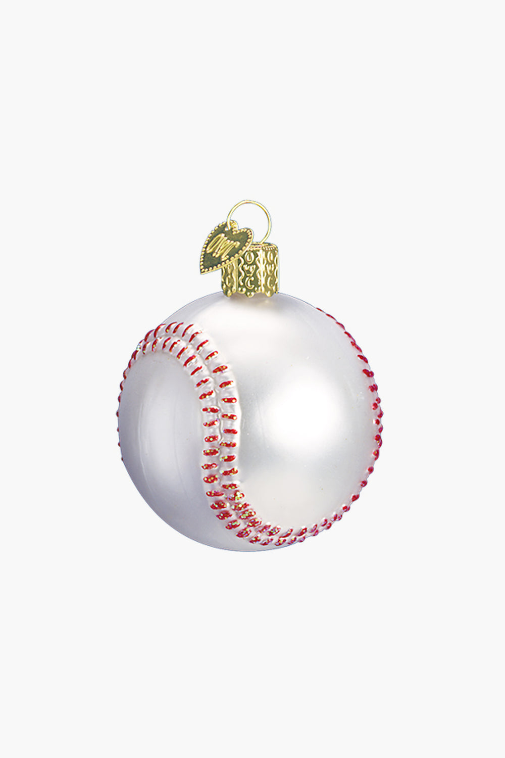 The Old World Christmas glass baseball ornament, with red stitching and a gold cap, is a perfect holiday decoration for any baseball fan's tree.
