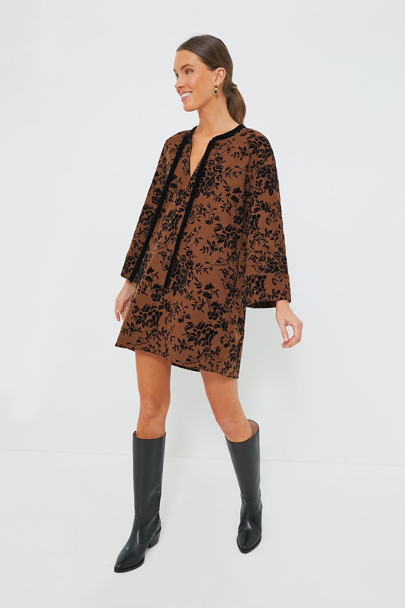 Brown & Black Burnout Floral Elma Mini Dress